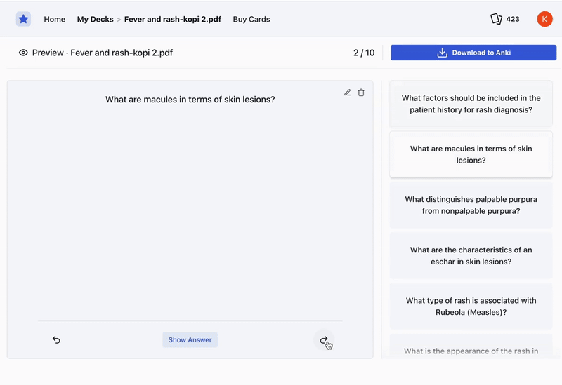AI-generated flashcards preview in Ankify